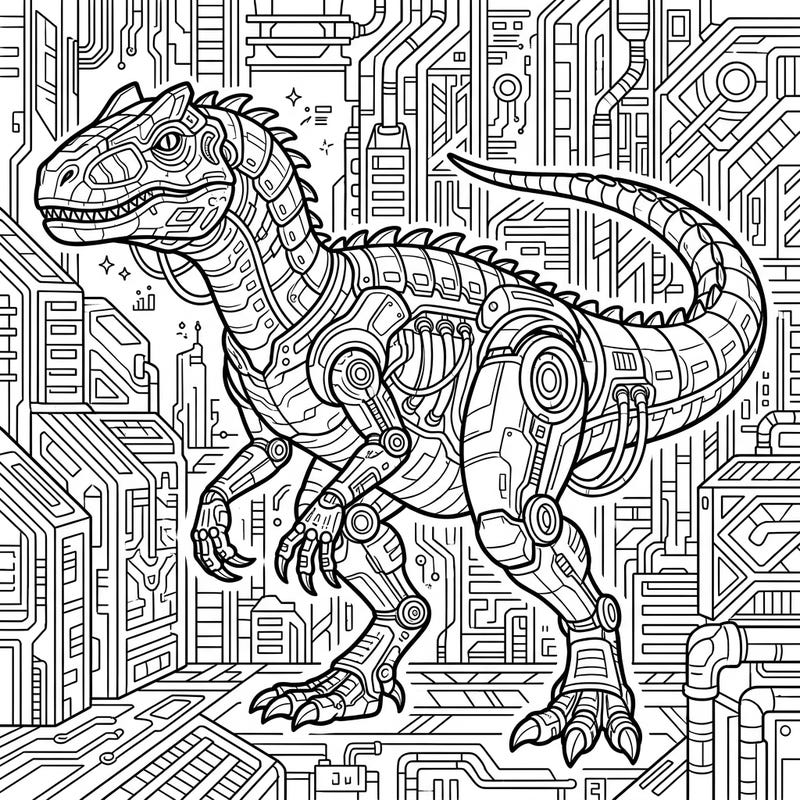Embark on an epic coloring journey with this incredible Cyberpunk Allosaurus. This fearsome robotic dinosaur is ready for your creative touch amidst a futuristic, high-tech cityscape.
