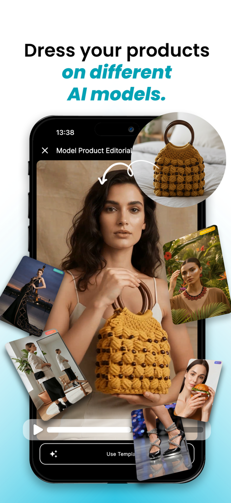 AI Effect Creator - VideoMagic - Mobile app interface showing AI generated models for product photography and video creation