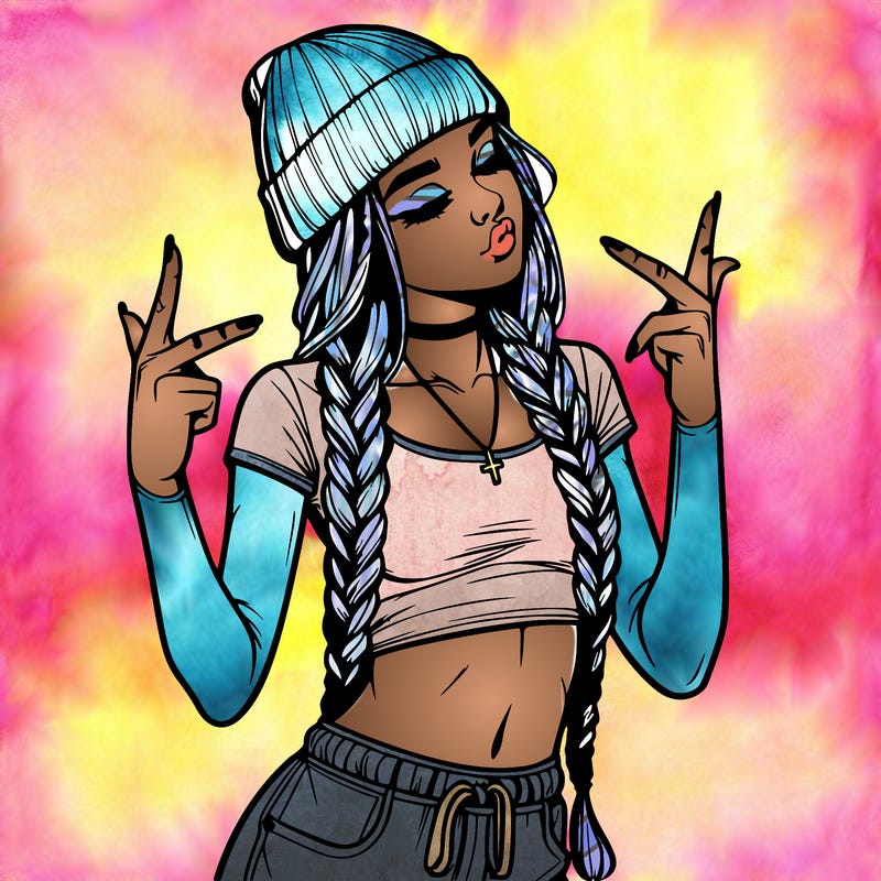 realistic teenage girl with braids and a beanie and crop top doing 🫶🏼