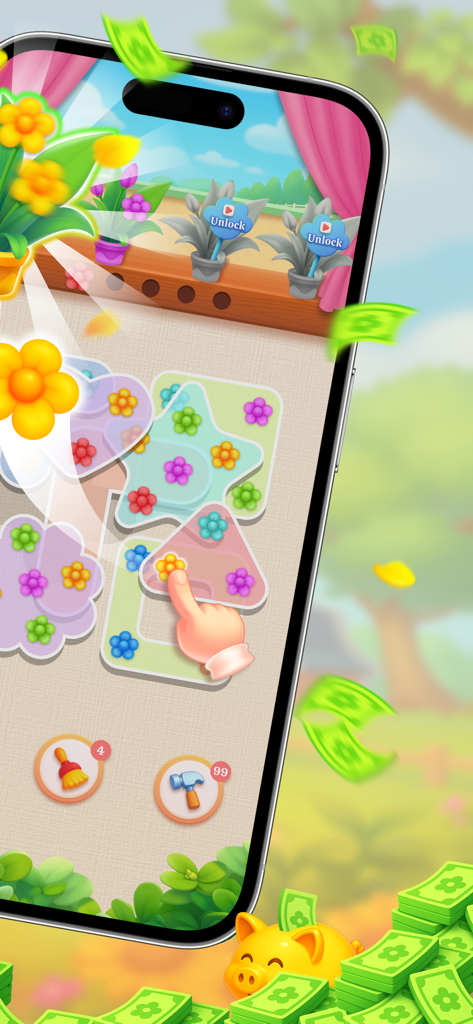 A screenshot of Frenzy Screw Puzzle mobile game featuring flower-themed bolts on colorful shapes and cash rewards
