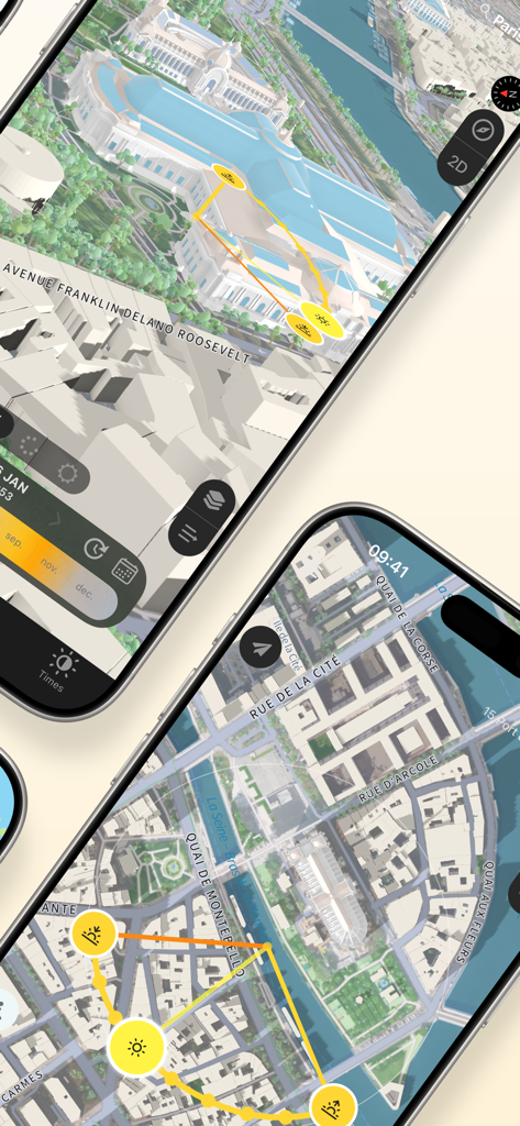 Sun Quest - Tracker & Seeker - Sun Quest app interface displaying 3D sun path tracking and urban shadow analysis