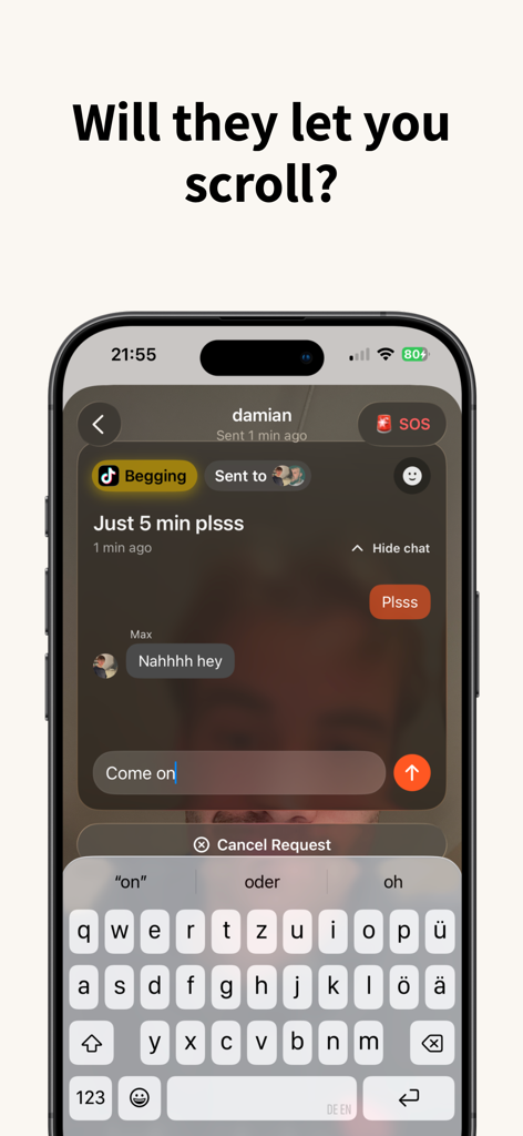 Useless - Screen Time Control - A mobile chat interface where a user is begging friends for five more minutes of screen time