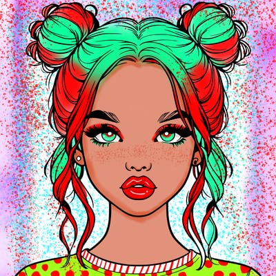 realistic girl with two buns in hair and lips