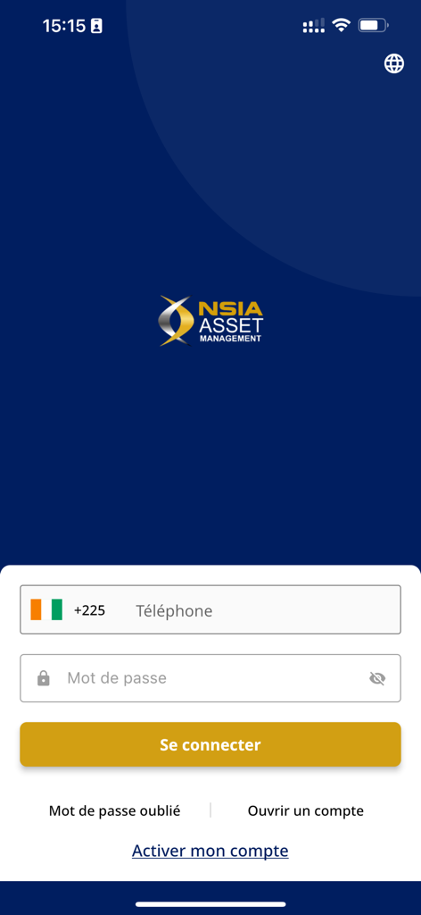 NSIA INVEST - Login interface of the NSIA Invest mobile app featuring phone number and password entry fields