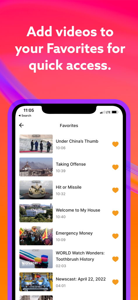 Un écran mobile montrant la section Favoris de l'application WORLD Watch News avec une liste de vidéos d'actualités sélectionnées pour un accès rapide.