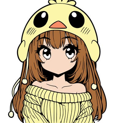 anime girl with chick shaped hat with sweater with bare shoulders with bangs covering them one eye with low tail