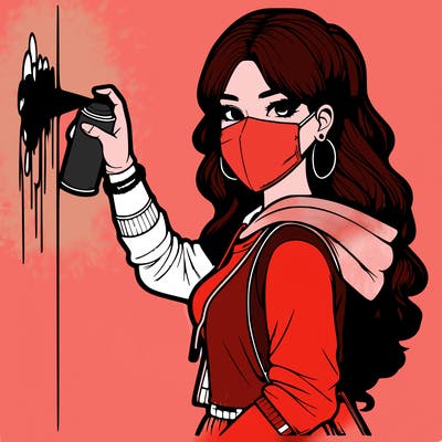 realistic girl with mask spray painting a wall