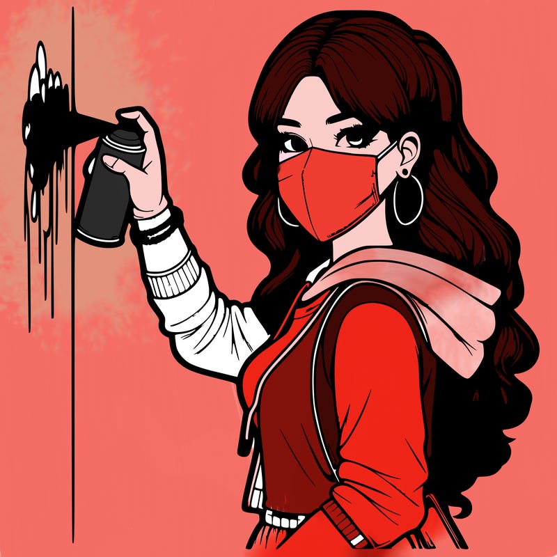 realistic girl with mask spray painting a wall