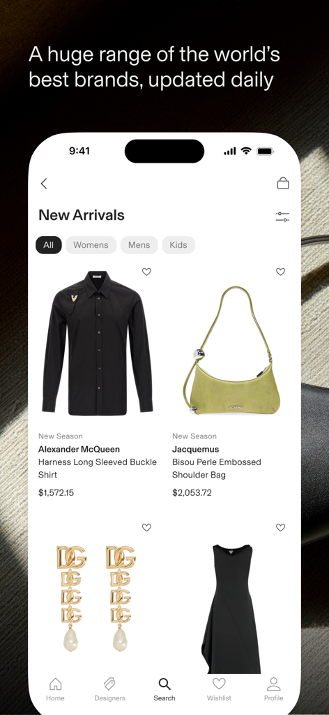 The CETTIRE mobile app interface showing new arrivals from luxury designer brands.