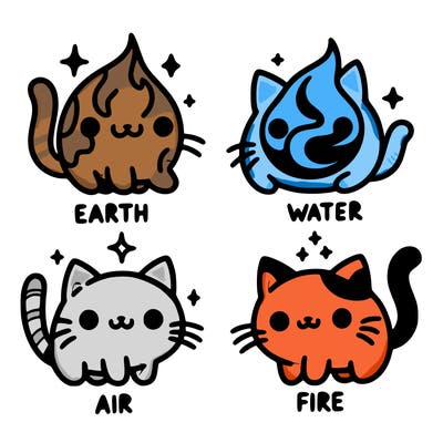 4 cats that represent the different elements, earth, water, air, and fire