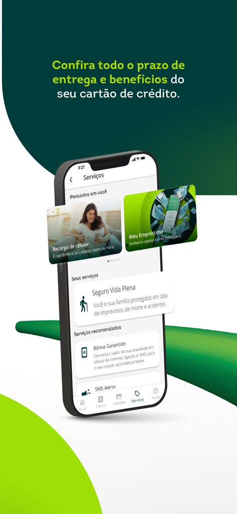 FortBrasil: Cartão de crédito - Captura de tela do menu de serviços do aplicativo FortBrasil mostrando opções para recarga de celular, empréstimos e seguro de vida.