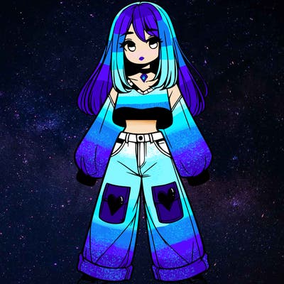 cute girl with straight hair in baggy jeans and a crop top and a sweater