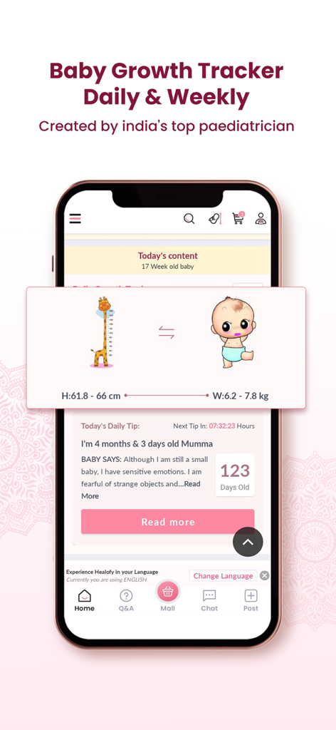 Healofy -Pregnancy & Parenting - Healofy app screenshot showing a daily baby growth tracker with height and weight charts and parenting tips