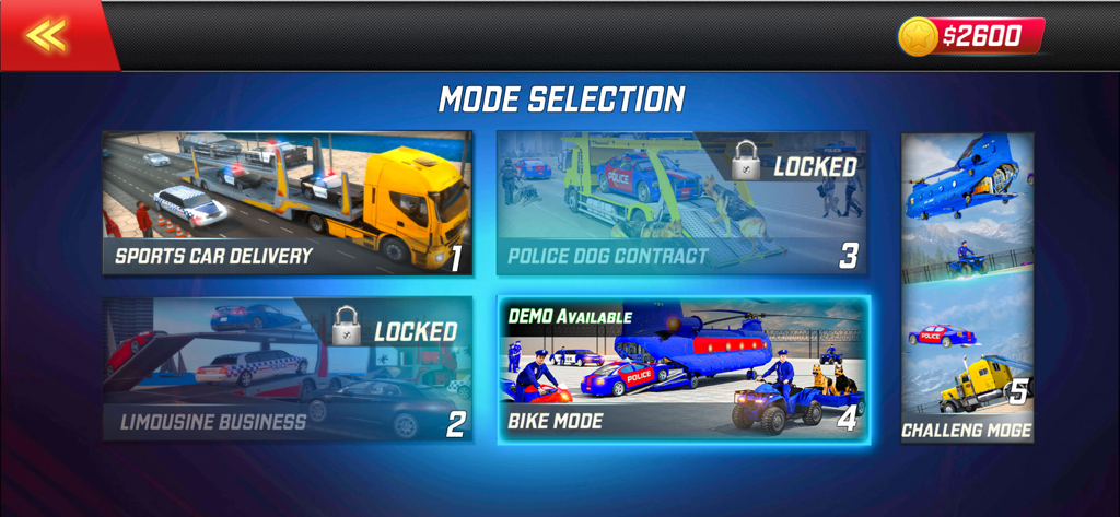 Dream Police Truck Transporter - Mode selection menu screen for police truck transporter game showing various mission types