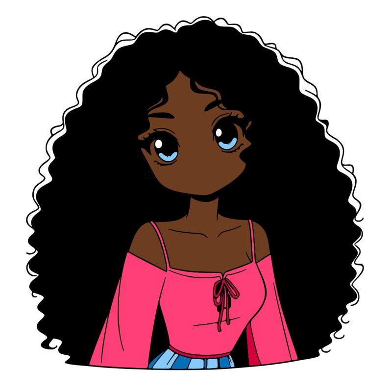 a black anime girl with long afro hair