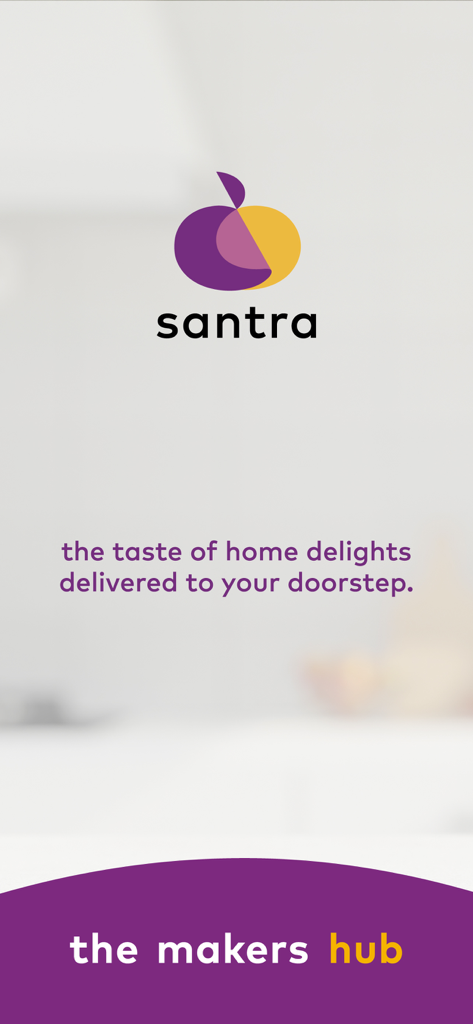 Santra سنطره - Santra app welcome screen featuring the logo and the slogan the taste of home delights delivered to your doorstep