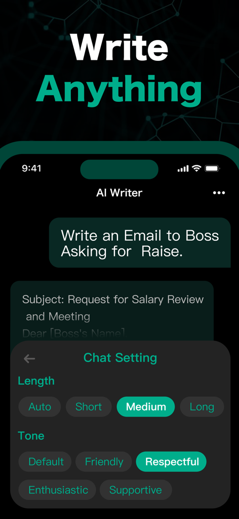 AI Chatbot : Ask AI Anything - Interfaz de un asistente de escritura de IA redactando un correo electrónico profesional con opciones para personalizar la longitud y el tono.