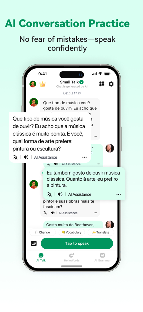 Portuguese Ai:Learn Portuguese - A smartphone screen showing the AI conversation practice feature in the Portuguese AI learning app