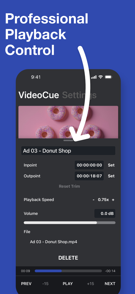 LiveApp Play - Interface of LiveApp Play showing professional video playback and trim controls on an iPhone