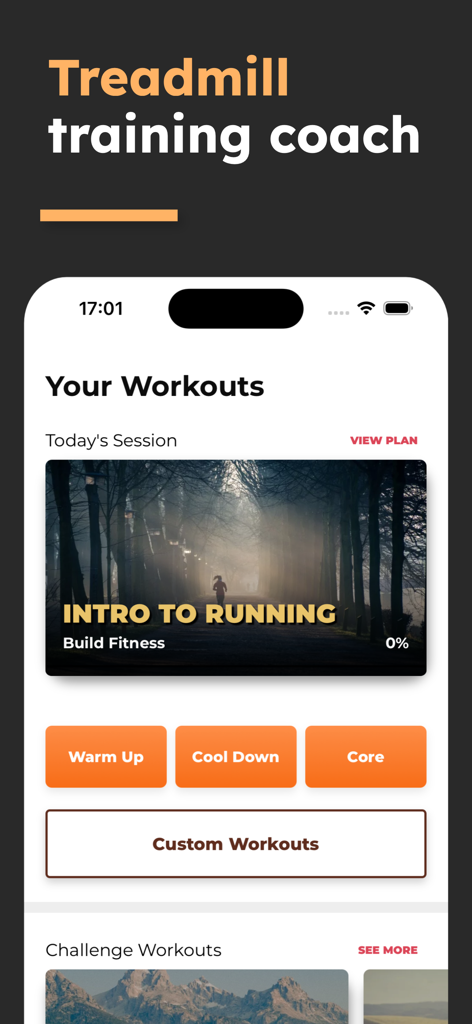 Treadmill Workout: Running - Mobile App-Oberfläche für das Laufbandtraining, die ein Einführungsprogramm zum Laufen und Trainingsoptionen zeigt