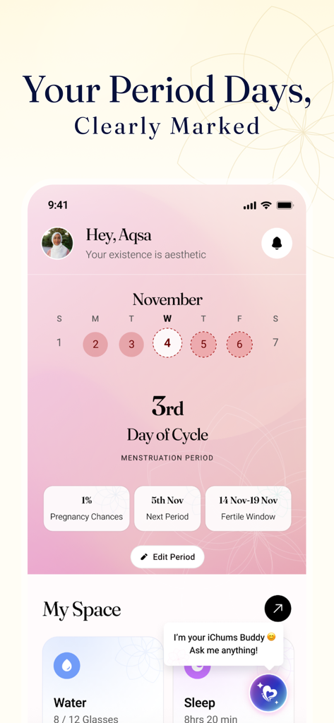 iChums app dashboard showing menstrual cycle calendar fertility window and wellness tracking cards