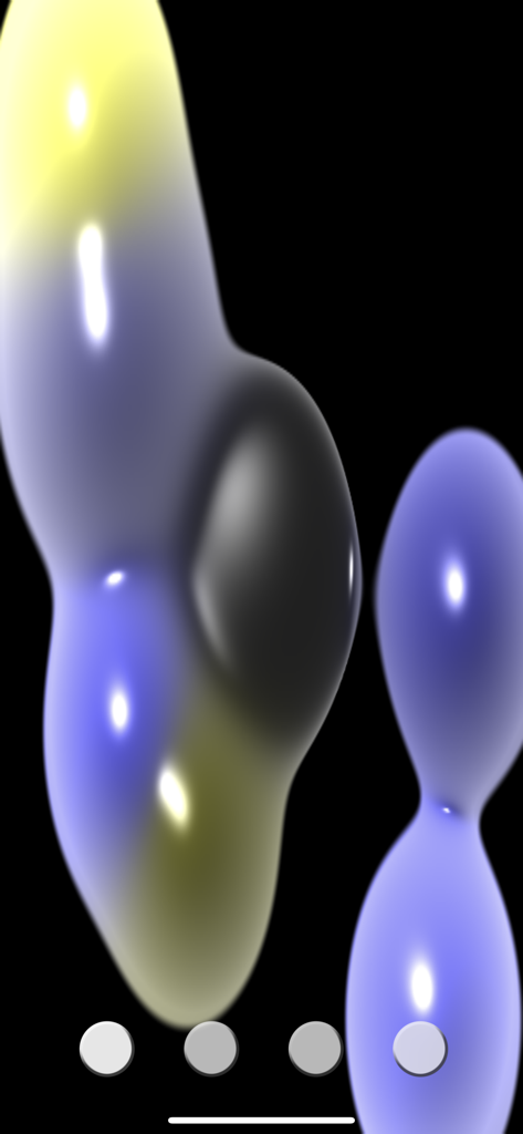 Plazma - Formes fluides abstraites bleues et jaunes sur fond noir avec boutons de commande dans l'application sensorielle Plazma