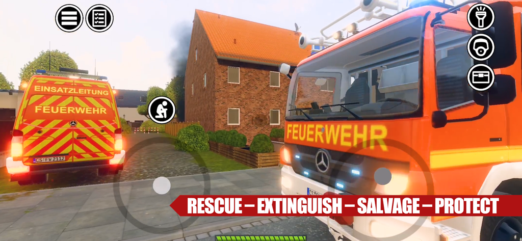 Emergency Call - Attack Squad - First person view of fire trucks at an emergency scene in a firefighting simulation game