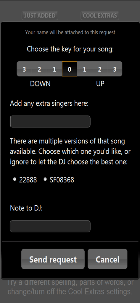 SongbookDB app interface for submitting a karaoke song request with key adjustment and notes for the DJ