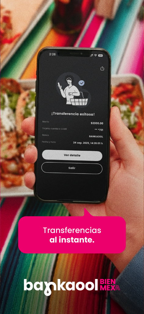 Bankaool Móvil - Bankaool Movil app interface showing a successful instant money transfer confirmation on a smartphone
