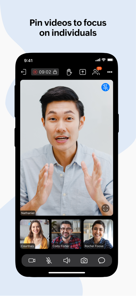 Zoho Meeting - Online Meetings - A video conference on the Zoho Meeting mobile app showing the pin video feature to focus on a specific participant