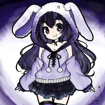 pretty anime girl wearing a fluffy hoodie with bunny ears on the hood and a skirt