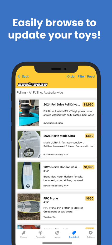 Seabreeze app marketplace showing classified ads for foiling and watersports gear
