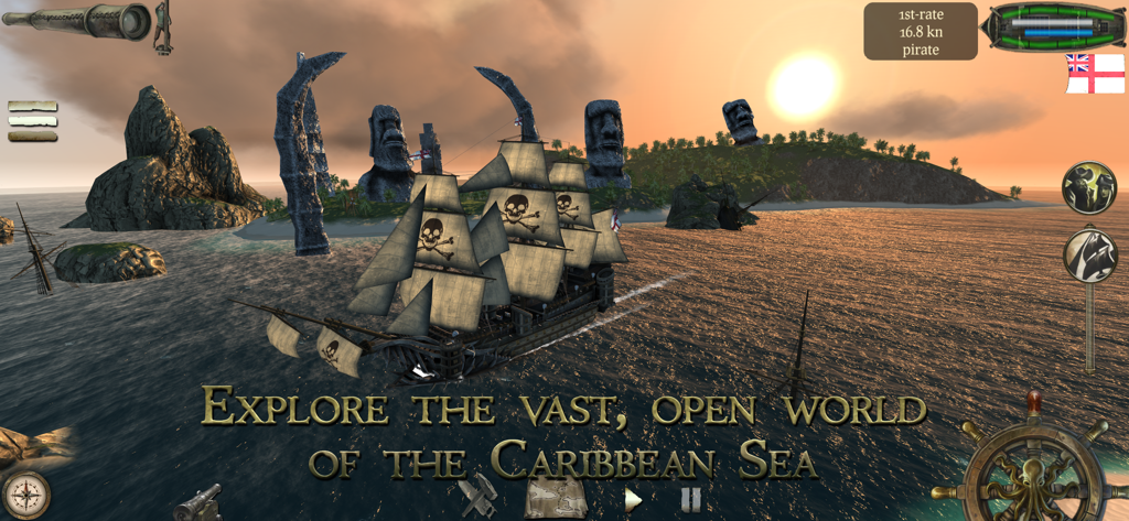 A pirate ship with skull-emblazoned sails sailing through the Caribbean Sea near an island with large stone statues during a sunset.