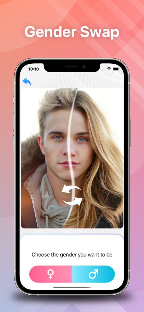 Interface da aplicação mostrando uma transformação de foto com troca de gênero, com pré-visualização dividida do rosto