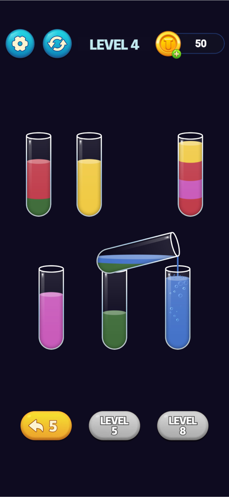 Colored water being poured between test tubes in SortPuz puzzle game