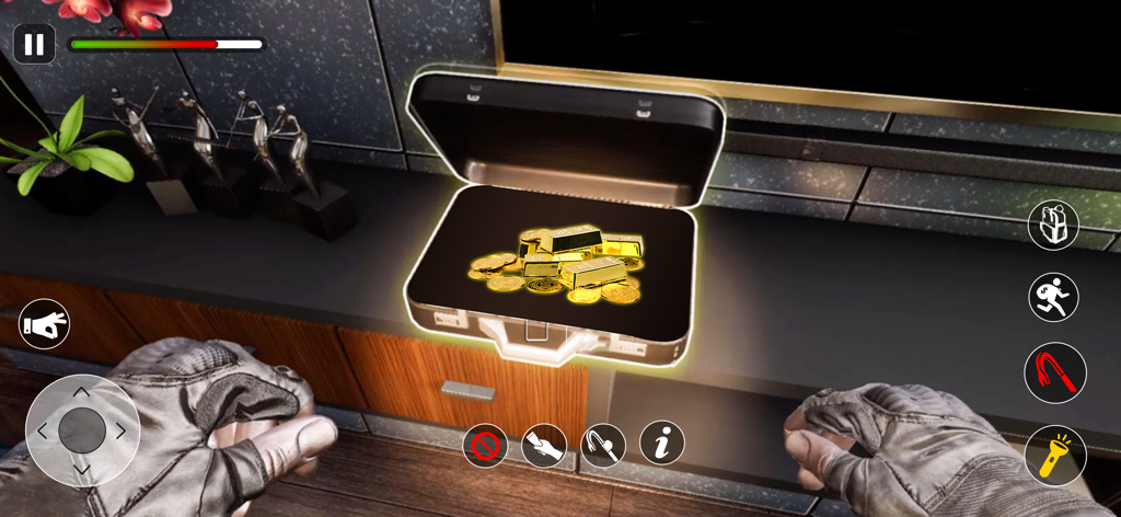 Crime City Gangster Mafia Game - First person view of a player looting a briefcase filled with gold bars in a robbery simulation game