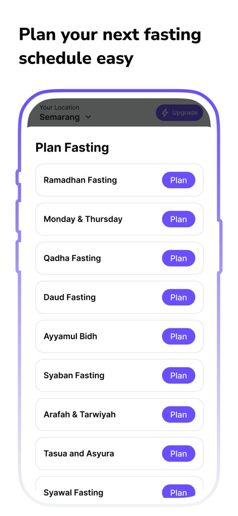 Muslim Fasting Calendar Alarm - Interface of the Muslim Fasting app showing options to plan various Islamic fasts like Ramadan and Sunnah fasts