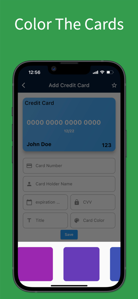 Add credit card screen showing color customization options in the app