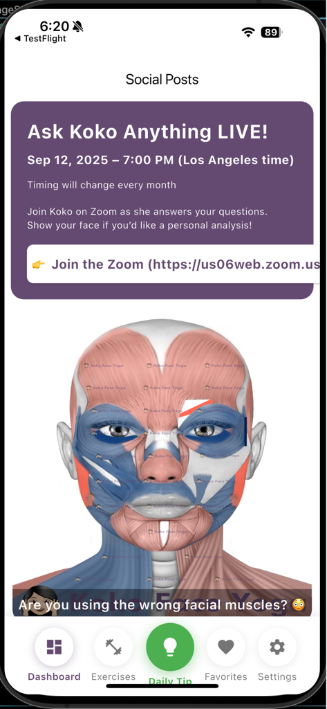 Koko Face Yoga - Koko Face Yoga app screen showing a facial muscle anatomy diagram and a live Zoom event announcement