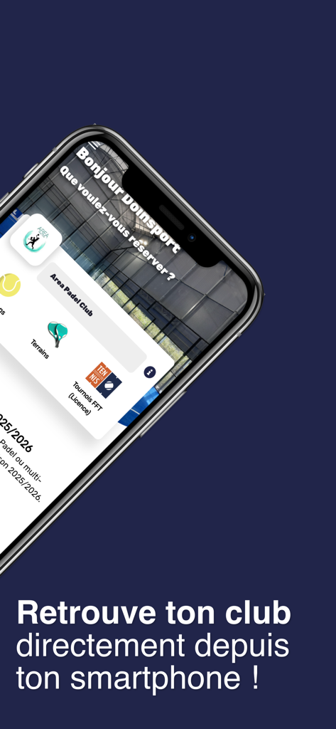 Teléfono inteligente mostrando la interfaz de la aplicación Area Padel Club para reservas de pistas