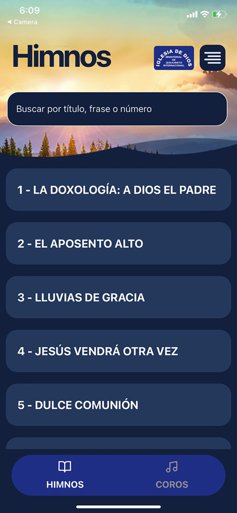 A list of religious hymns in the Himnario IDMJI mobile application with a search bar and navigation tabs.