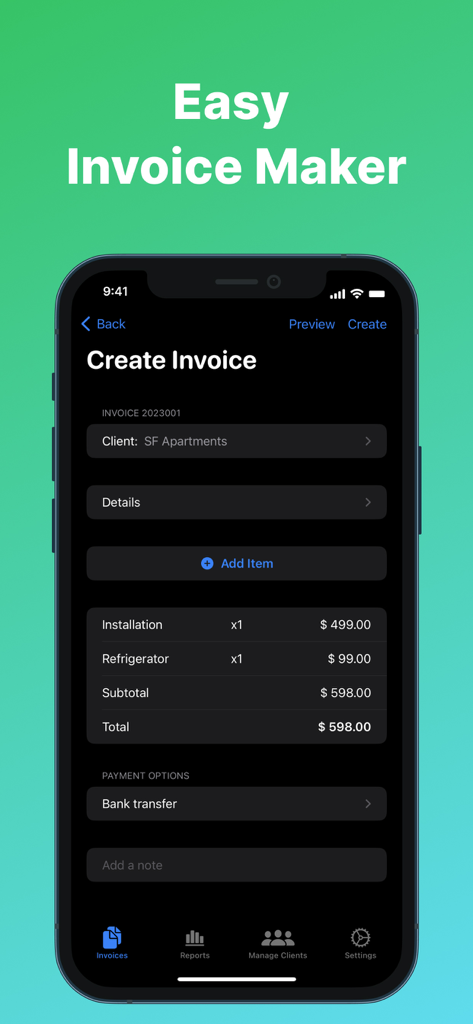 Mobile app interface for creating a professional invoice on an iPhone with simple line items and payment options