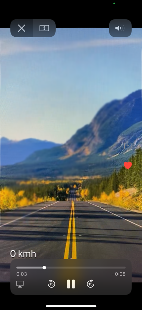 Dash Cam Plus - Dash Cam Plus app video playback interface showing a scenic mountain road trip with a speed indicator