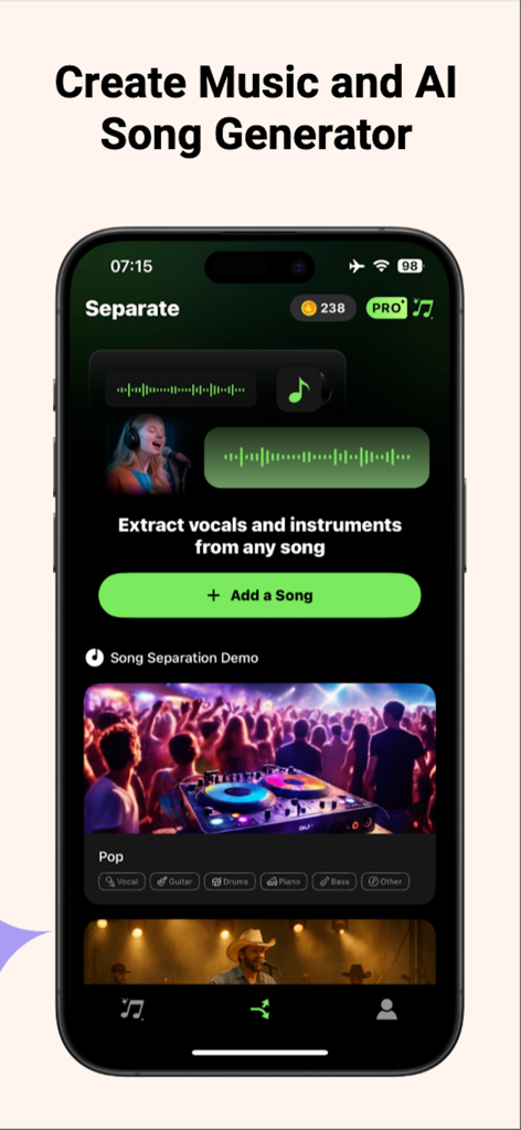 AI Song Generator & Song Maker - Interfaz de la aplicación AI Song Generator que muestra la función para extraer voces e instrumentos de canciones.