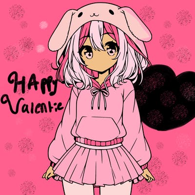 pretty anime girl wearing a fluffy hoodie with bunny ears on the hood and a skirt