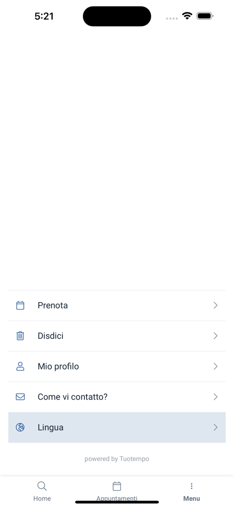 My GHC - Menú de navegación de la aplicación My GHC con opciones para reservar citas y configurar idiomas