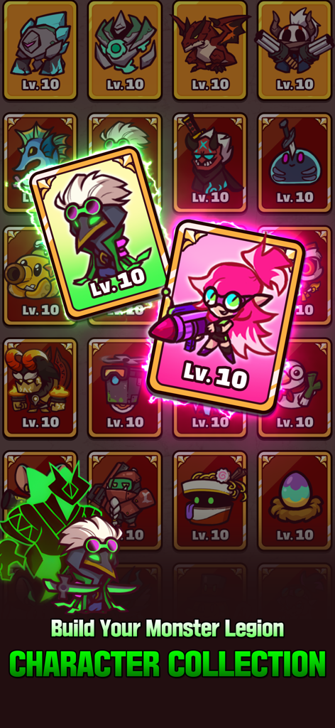 Coop TD - Coop TD Mobile-Spielbildschirm, der eine Sammlung stilisierter Monster-Charakterkarten anzeigt
