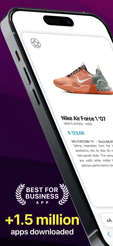 Scan Me - Product WebLink QR - Ein Smartphone-Bildschirm zeigt eine Sneaker-Produktseite mit Preis- und Bestandsinformationen.