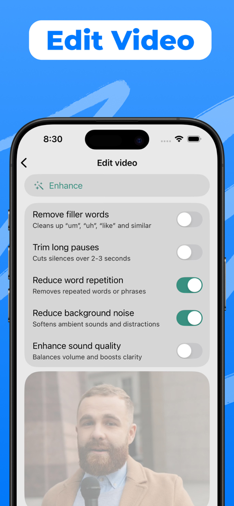 Descript AI - Audio Summaries - バックグラウンドノイズリダクションやフィラーワード削除のオプションを示すAI動画編集インターフェース。