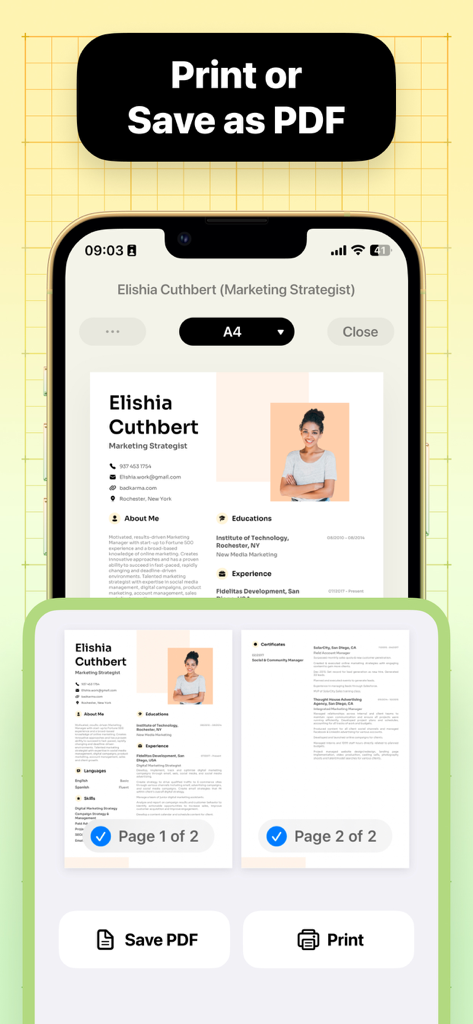 Resume Maker: CV Maker - Interfaz de la aplicación móvil mostrando una vista previa de un currículum profesional con opciones para guardar como PDF o imprimir.
